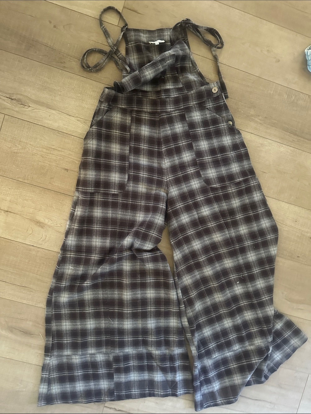 Promesa Plaid Flare Overalls in Black and Gray